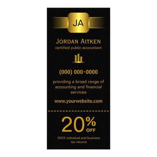 Tarjetas para rack de color negro y oro con cupón  (Frente)