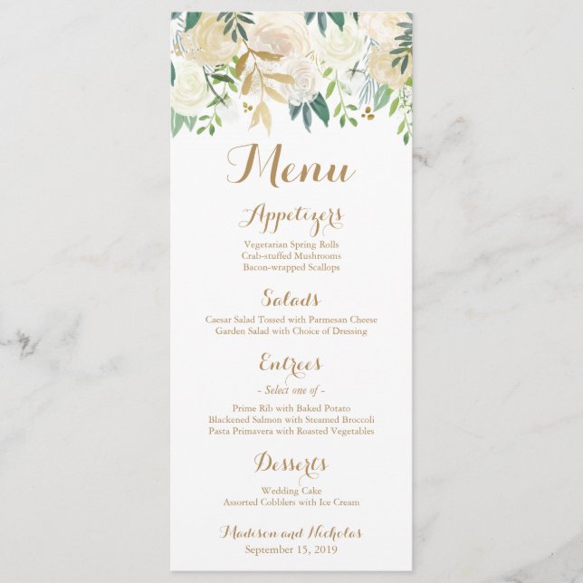 Tarjetas para rack del menú Boda de flores doradas (Anverso)