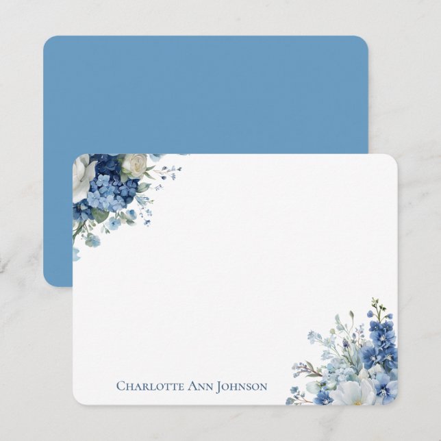 Tarjetas planas de nota con flores azules personal (Anverso / Reverso)