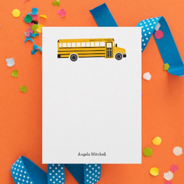 Tarjetas planas de papelería personal de autobús e (fun personalized yellow school bus flat note card stationery with custom name and route number)