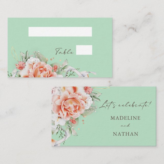 Tarjetas planas de plaza con Boda floral Mint Gree (Anverso / Reverso)