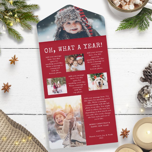 Tarjetas Plegables de Revisión del Año Rojo (Oh, What A Year Photo Collage Red and White Holiday Christmas Card)