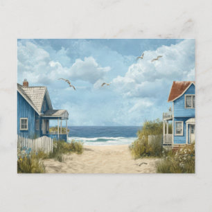 Tarjetas postales de arte de cabañas de playa azul