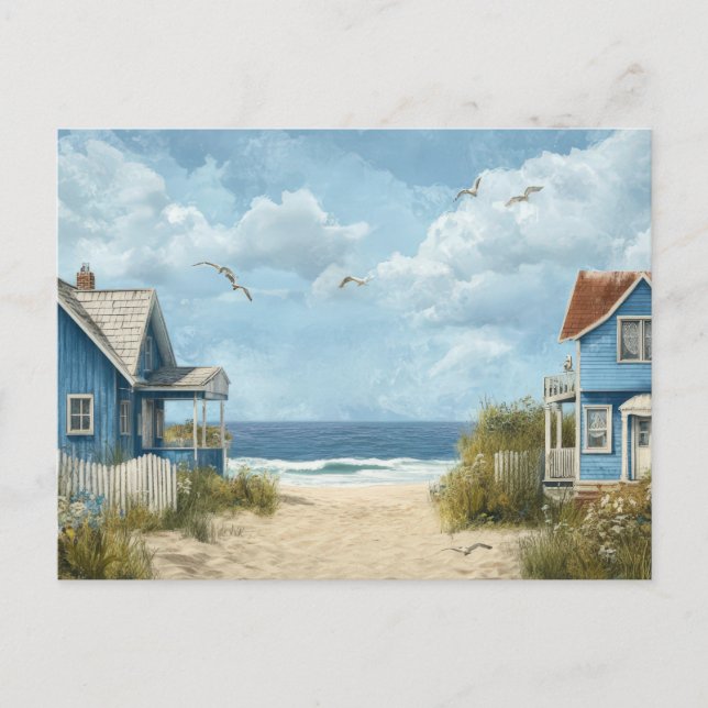 Tarjetas postales de arte de cabañas de playa azul (Anverso)