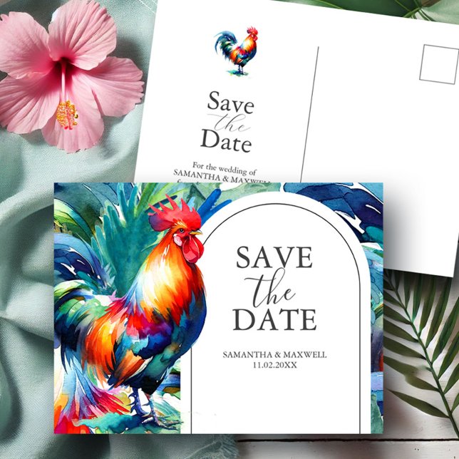 Tarjetas Postales de Aviso de Boda en Destino (Tropical destination wedding save the date postcards key west watercolor rooster Do Tell A Belle)