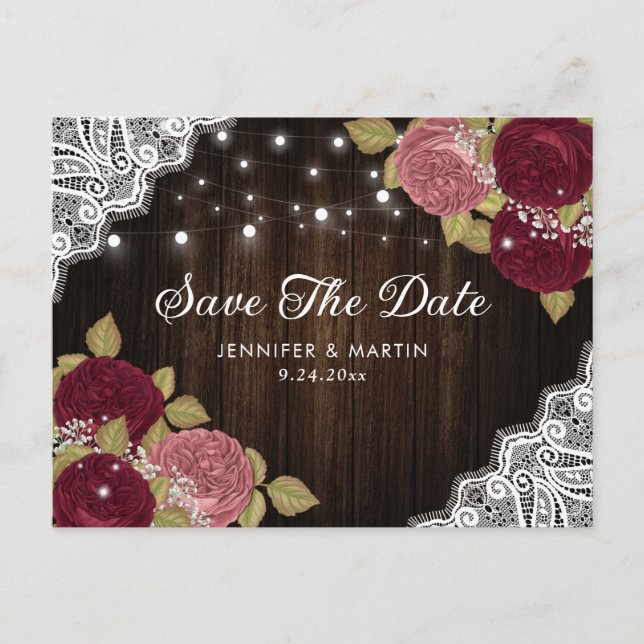 Tarjetas Postales de Boda Burgundy y Blush Save Th (Anverso)