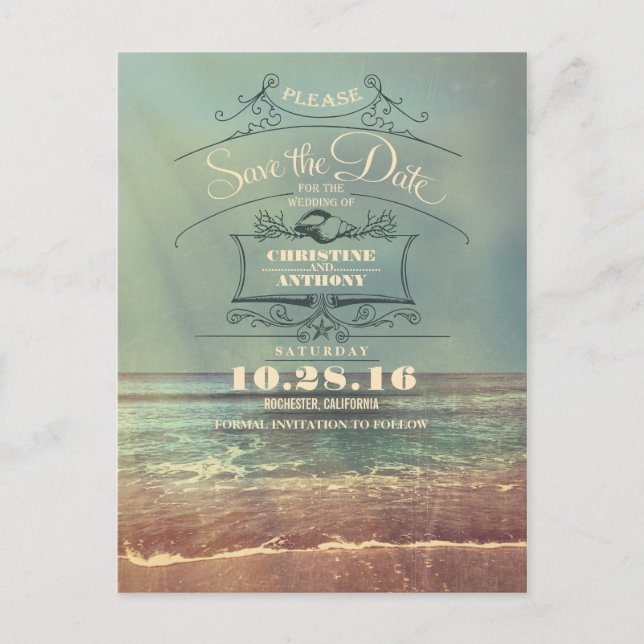 Tarjetas postales de boda en la playa con aviso de (Anverso)