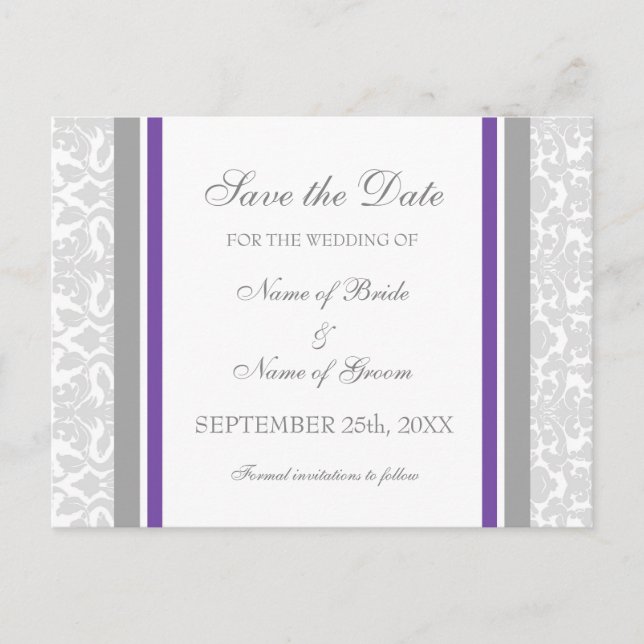 Tarjetas postales de boda Plum Damask Save the Dat (Anverso)