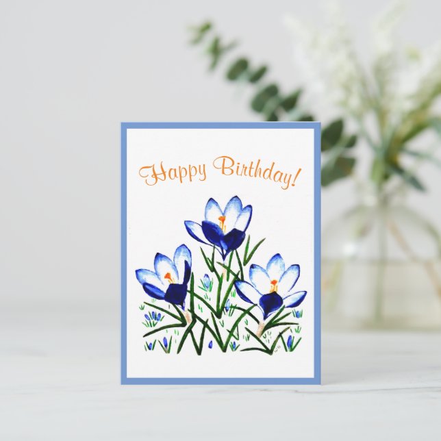 Tarjetas postales de crocus azules en primavera (Anverso de pie)