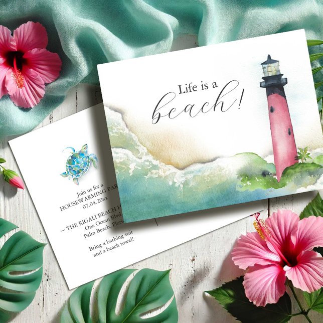 Tarjetas Postales de Faro Invitaciones para Fiesta (Housewarming party invitations watercolor Jupiter Florida lighthouse postcards Victoria Grigaliuans)