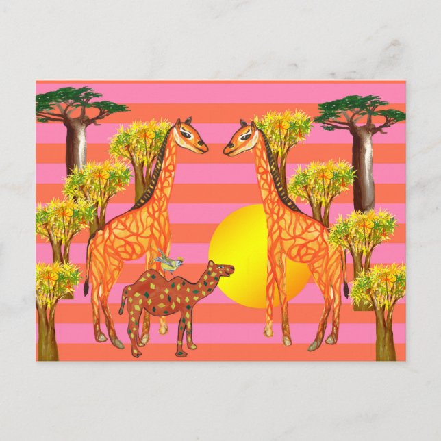 Tarjetas postales de jirafas, camellos y aves (Anverso)