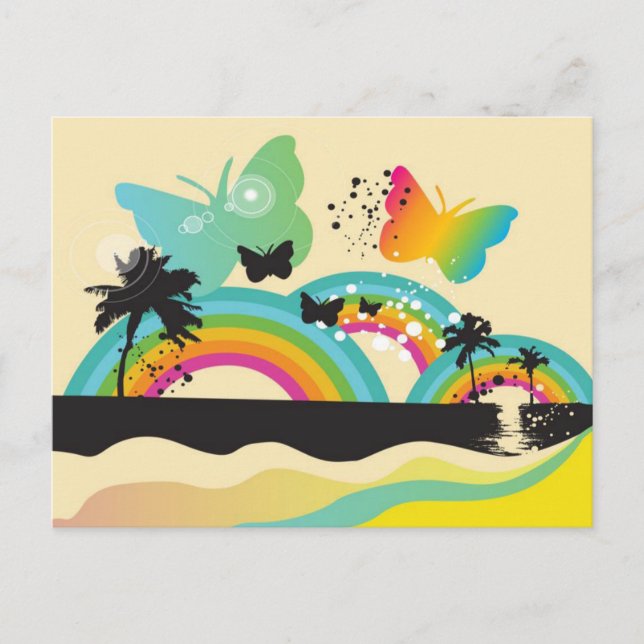Tarjetas Postales de Mariposas Arcoíris y Palmeras (Anverso)