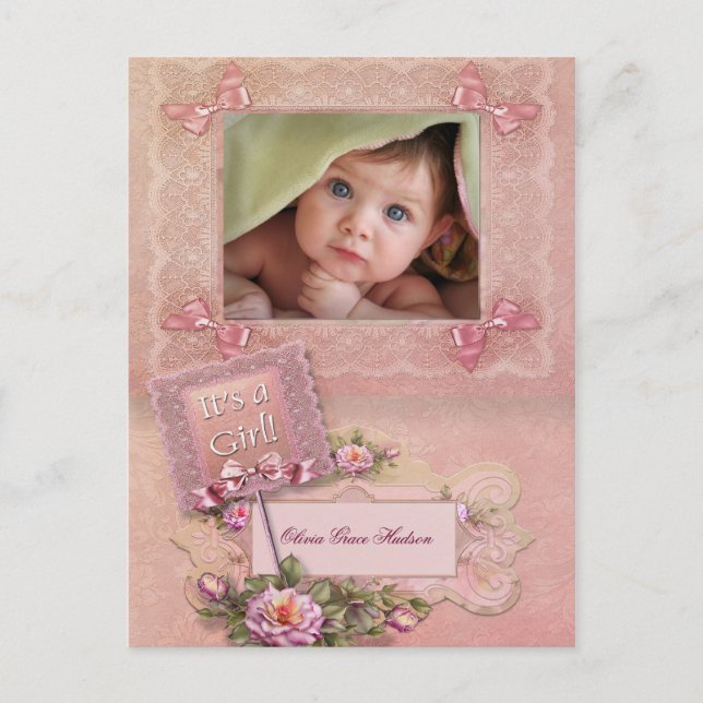 Tarjetas Postales de Nacimiento de Niña con Rosa (Anverso)