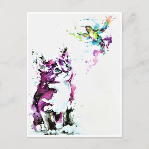 Tarjetas postales - Gatito y colibrí