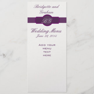 Tarjetas púrpuras del menú de la boda en el papel