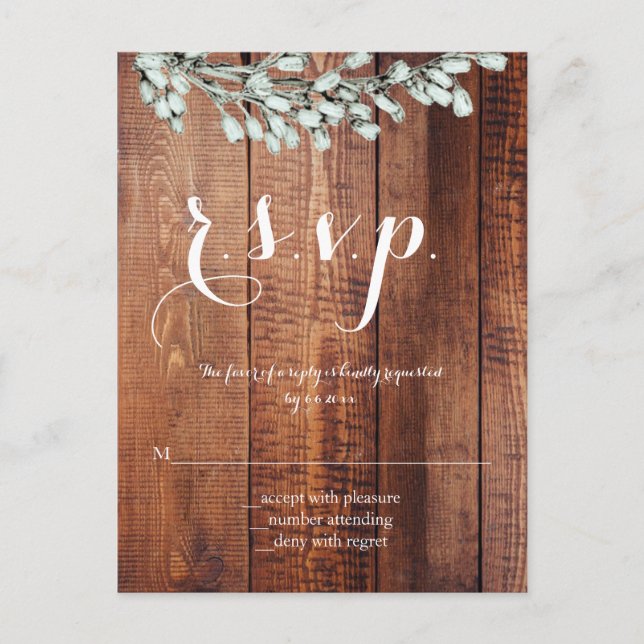 Tarjetas r.s.v.p. boda floral rústico de madera (Anverso)