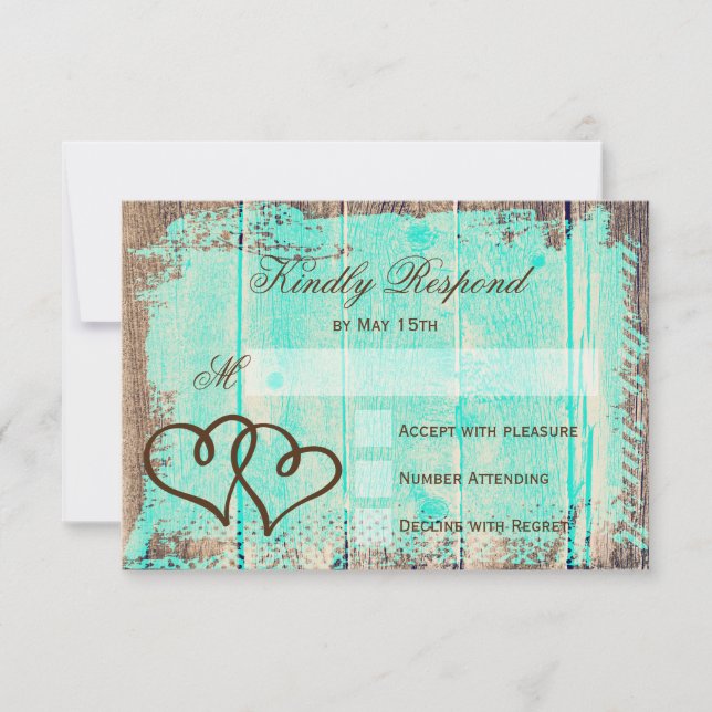 Tarjetas Rastic Double Hearts Aqua Wood Wedding RS (Anverso)