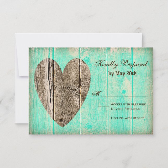 Tarjetas Rastic Wood Heart Aqua Country Wedding RS (Anverso)