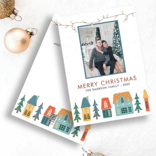 Tarjetas Retro de Feliz Navidad Fotográficas (Merry Christmas Retro Holiday Houses and Trees with Photo and Message by Painted Paperie)