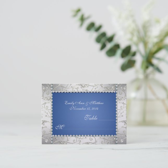 Tarjetas Royal Blue and Silver Swirt Table Place (Anverso de pie)