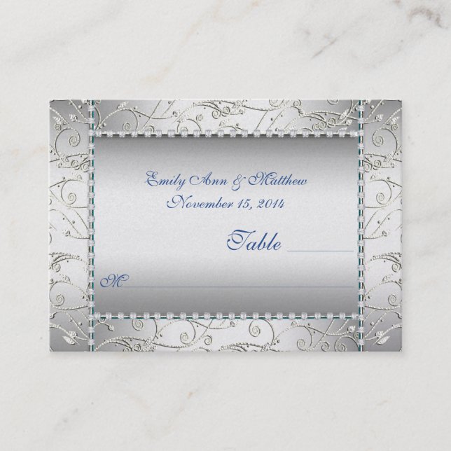 Tarjetas Royal Blue and Silver Swirt Table Place (Anverso)