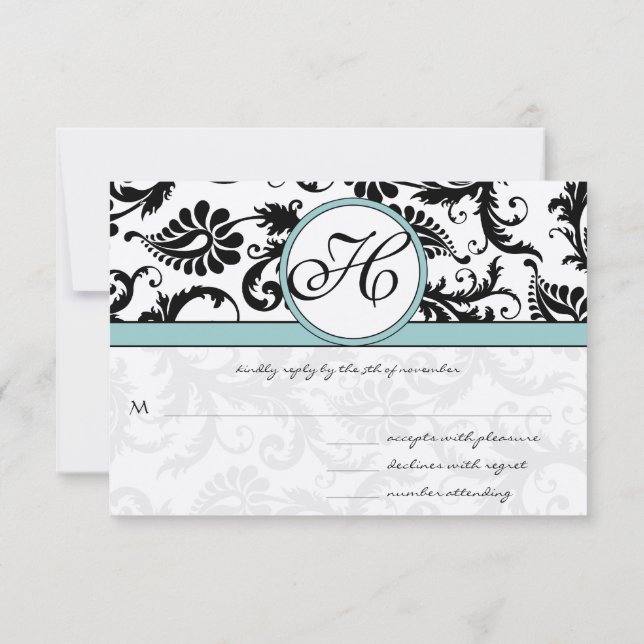 Tarjetas RSVP-Azul negro y blanco Damask Aqua (Reverso)