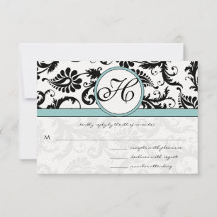 Tarjetas RSVP-Azul negro y blanco Damask Aqua