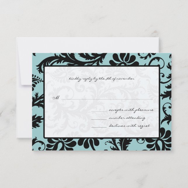 Tarjetas RSVP-Azul negro y blanco Damask Aqua (Reverso)