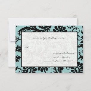 Tarjetas RSVP-Azul negro y blanco Damask Aqua