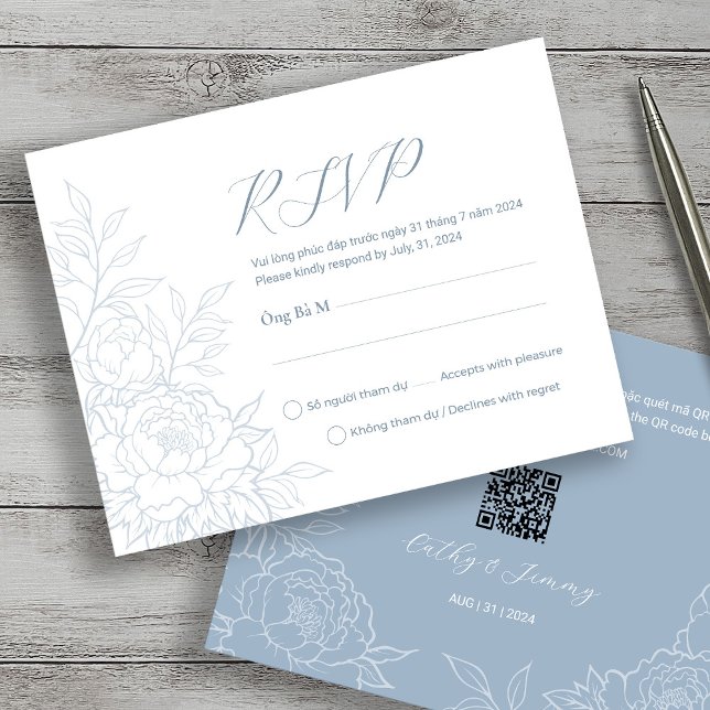 Tarjetas RSVP azules bilingües de Peony Dusty Viet (Subido por el creador)