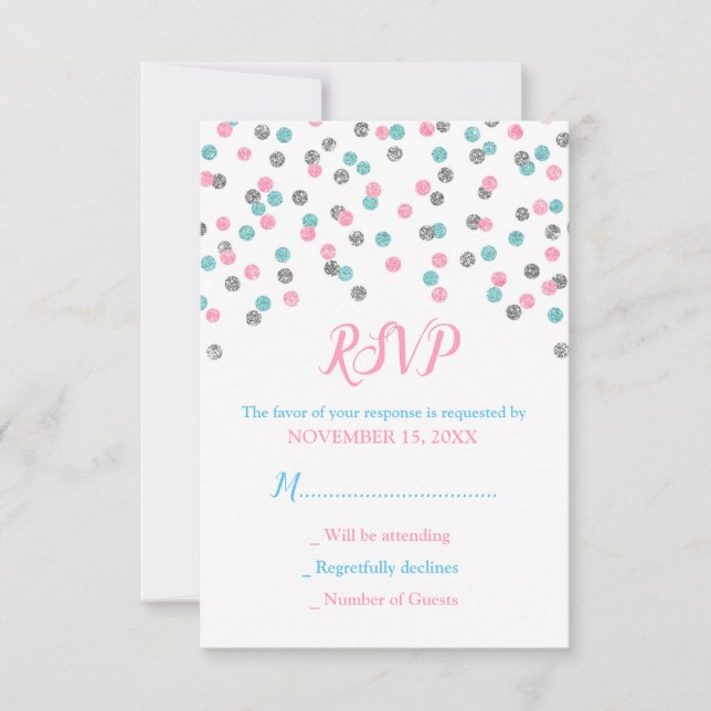 Tarjetas RSVP Baby Shower de confetti color de pla (Anverso)