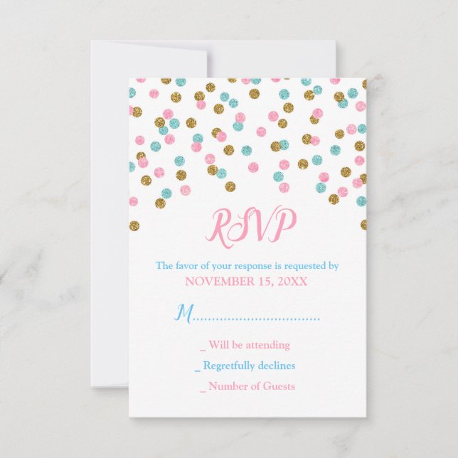 Tarjetas RSVP Baby Shower de Confetti de oro azul  (Anverso)