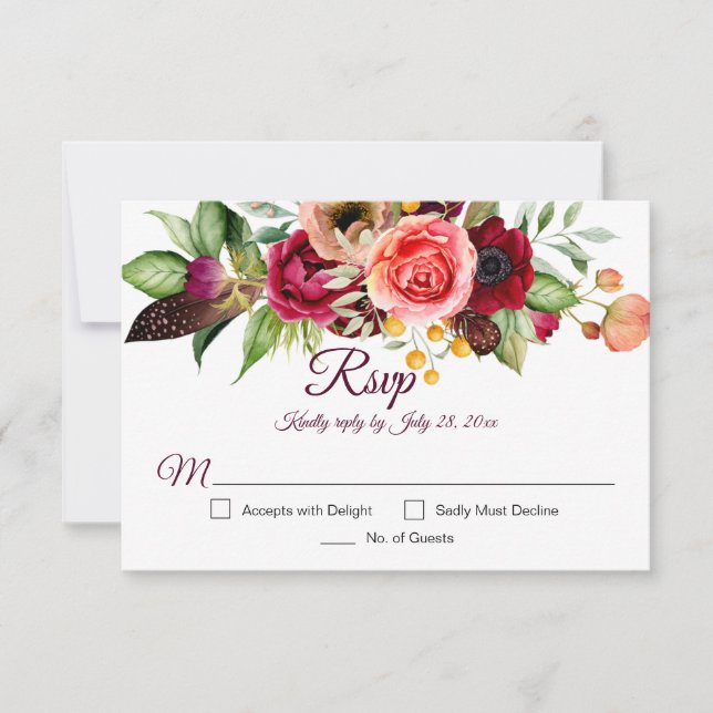 Tarjetas RSVP Bohemias de Romance Floral (Anverso)