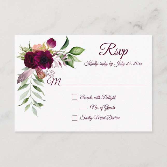 Tarjetas RSVP Bohemias de Romance Floral (Anverso)