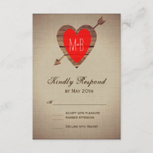 Tarjetas RSVP con flecha Rústica de corazón rojo B