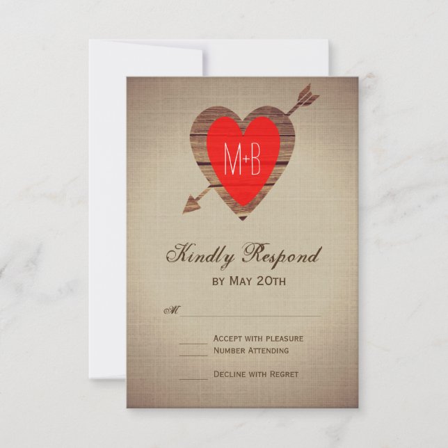 Tarjetas RSVP con flecha Rústica de corazón rojo B (Anverso)