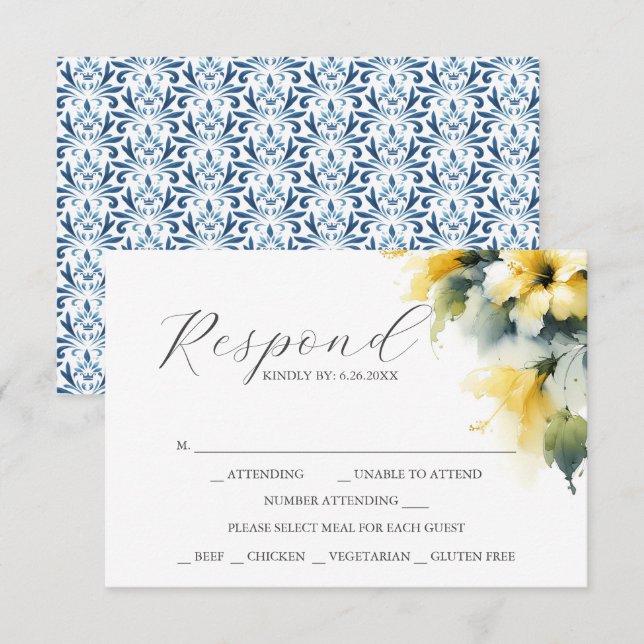 Tarjetas RSVP con opciones de comida azul y amaril (Anverso / Reverso)