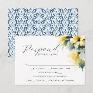 Tarjetas RSVP con opciones de comida azul y amaril