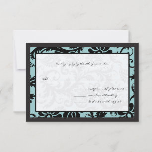 Tarjetas RSVP - Damasco azul para negro y Aqua