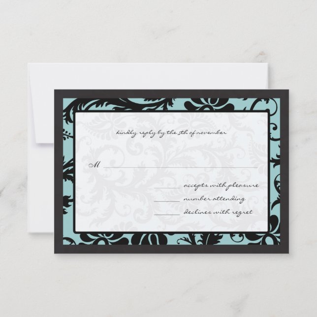 Tarjetas RSVP - Damasco azul para negro y Aqua (Reverso)