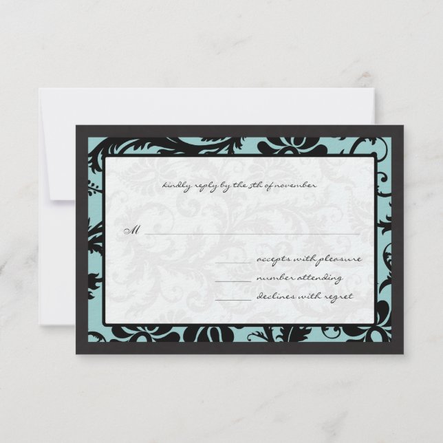 Tarjetas RSVP - Damasco azul para negro y Aqua (Reverso)