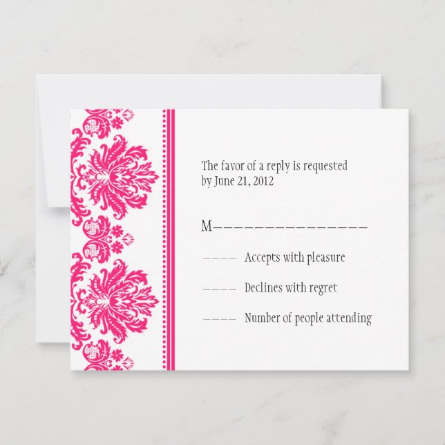 Tarjetas RSVP Damask de color rosa caliente (Anverso)