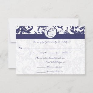 Tarjetas RSVP Damask de la Marina azul y blanco