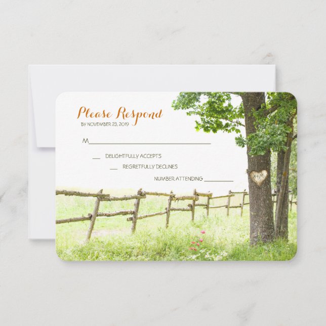Tarjetas RSVP de árbol de amor para bodas rurales (Anverso)