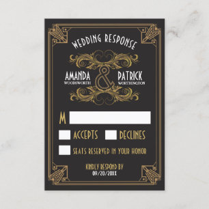 Tarjetas RSVP de Art Deco Vintage Black and Gold W
