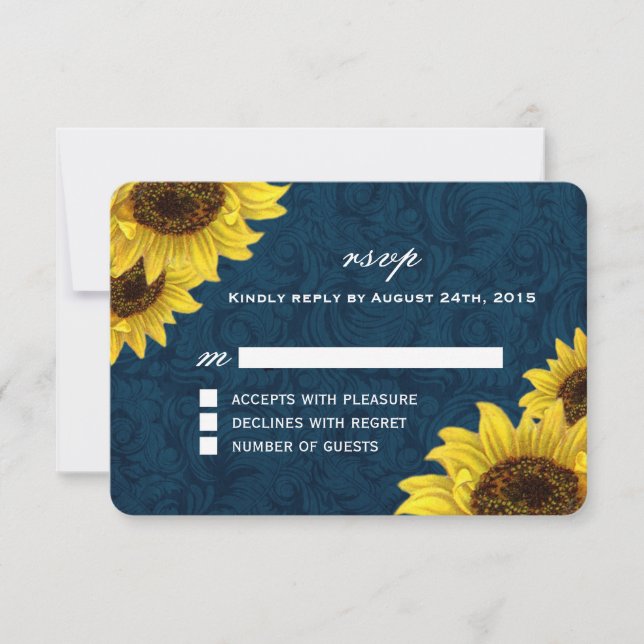 Tarjetas RSVP de azul marino y girasol (Anverso)