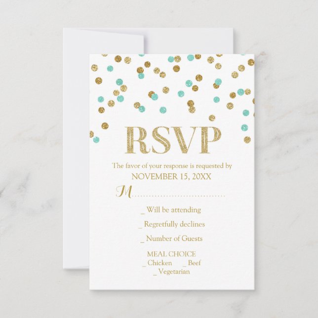 Tarjetas RSVP de Boda Aqua Blue Gold Confetti (Anverso)