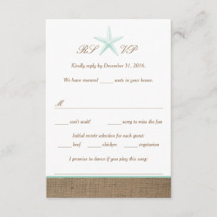 Tarjetas RSVP de Boda Aqua Mint Starfish Burlap Be