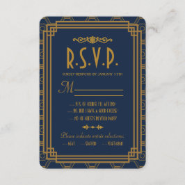 Tarjetas RSVP de boda azul Art Deco