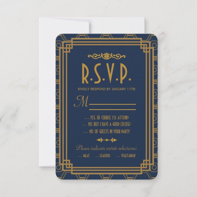 Tarjetas RSVP de boda azul Art Deco (Anverso)